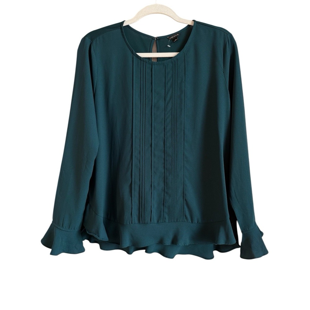 Ann Taylor Forest Green Pleated Long Sleeve Ruffle Hem Chiffon‎ Blouse Women's M